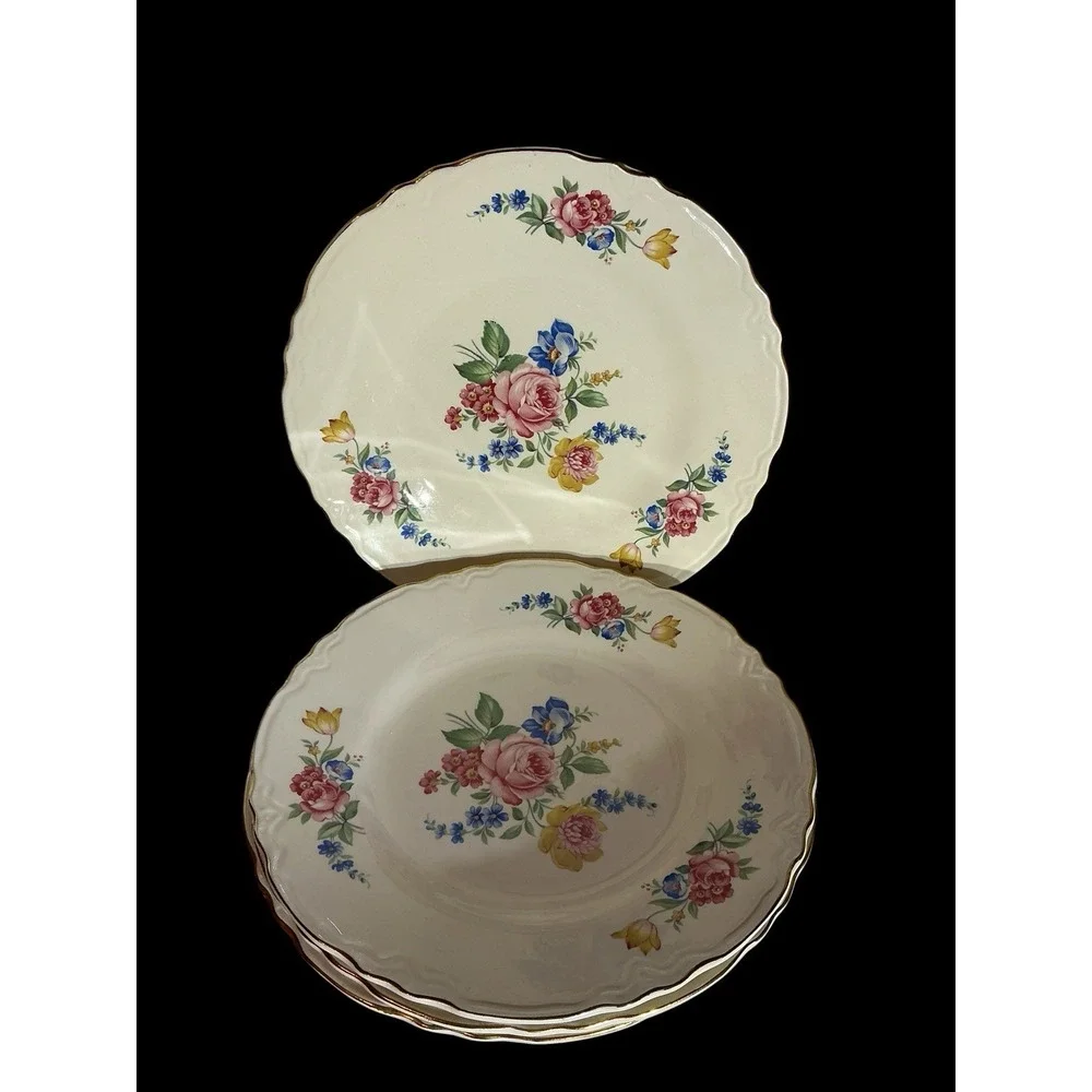 Vtg Set of 4 Floral Scio Hazel Pattern Dinner Plates Scalloped Rim Ceramic 9.25